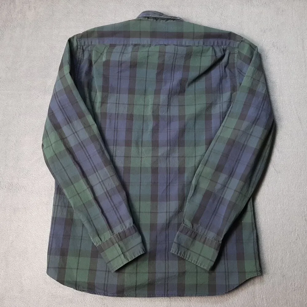 J Crew Shirt Mens Medium Black Green Blue Flex Washed Tartan Plaid Black Watch